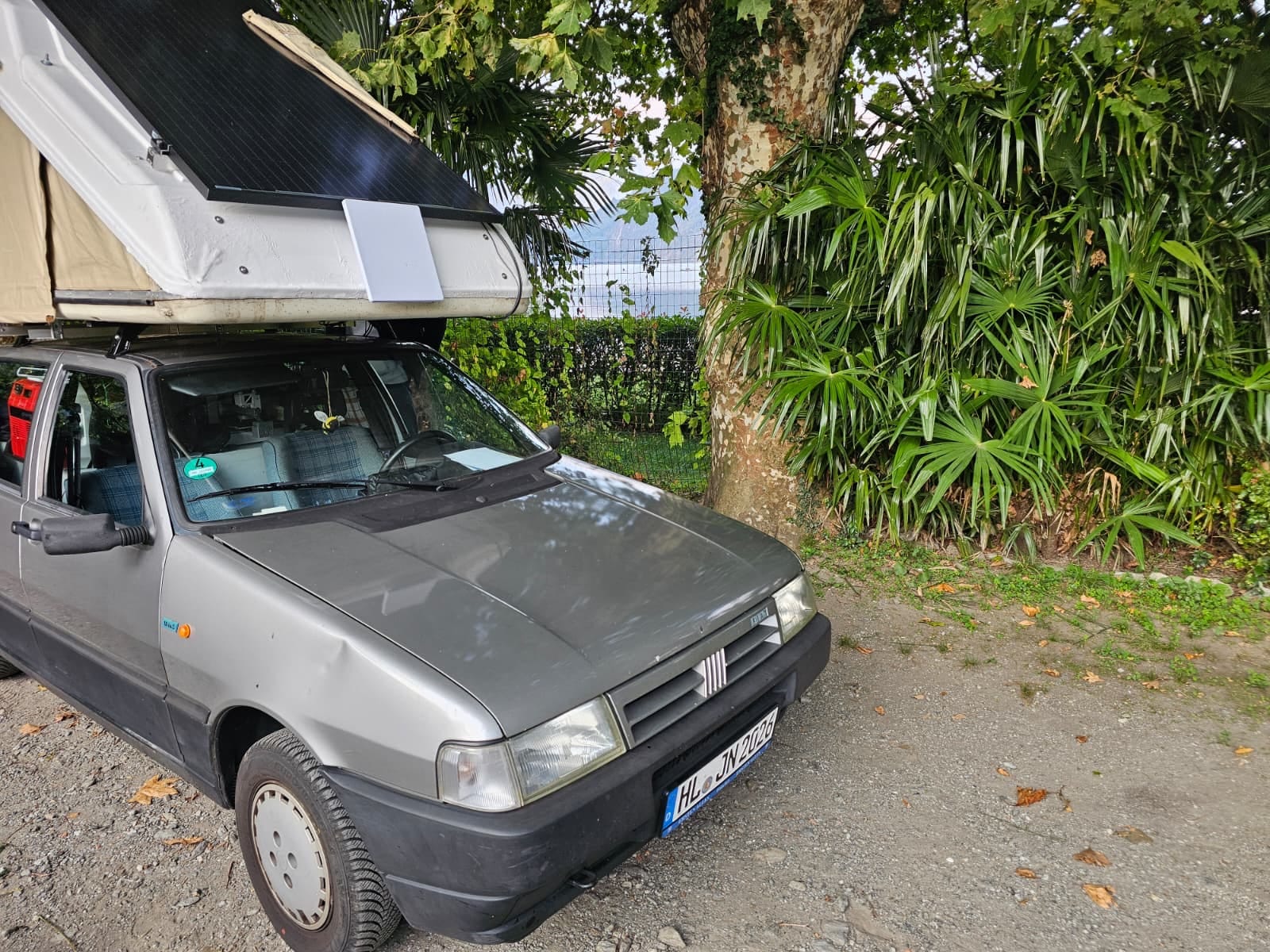 Der Uno mit Dachzelt und Solarpanel unter Palmen, im Hintergrund der See